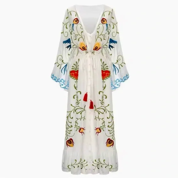 Boho Chic Floral & Bird Embroidered Flowy Maxi Dress V Neck wedding maternity - Picture 5 of 8